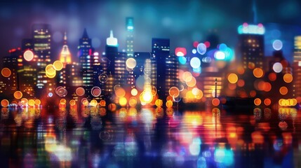 Aufkleber - A blurry cityscape with out-of-focus lights reflecting on water at night. Buildings are visible in the background. The lights create a colorful bokeh effect.