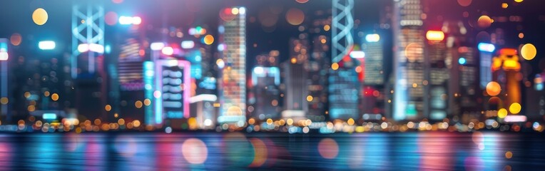 Poster - The image depicts a cityscape at night, with the buildings and streetlights blurred out of focus. The city is illuminated by a variety of colored lights, creating a colorful bokeh effect. The lights a