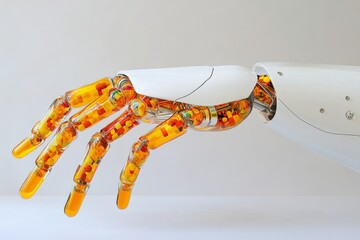 Sticker - Robotic Hand Holding Transparent Capsules Representing the Fusion of AI Technology and Modern Medicine in a Clinical Setting