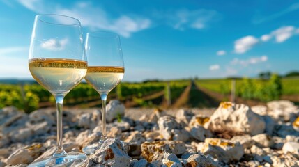 Wall Mural - Two Glasses of White Wine in a Vineyard