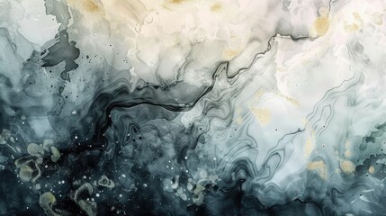 Aufkleber - An abstract watercolor painting with flowing, swirling patterns in shades of grey, black, and gold. The background is a light grey that gradually darkens towards the bottom of the image. The black swi