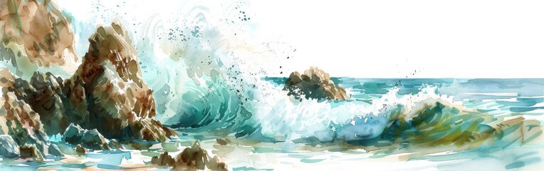 Wall Mural - A watercolor painting depicts a wave crashing against coastal rocks in the foreground. The wave is rendered in shades of blue and green with white foam, while the rocks are brown and textured. The bac