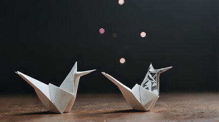 a two paper birds that are sitting on a table