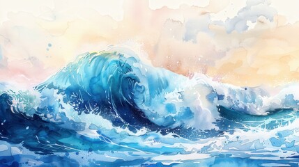 Wall Mural - A watercolor painting depicts a large ocean wave crashing and breaking against the water, creating a foamy white crest. The background features a sunset with soft, pastel colors of pink, orange, and y