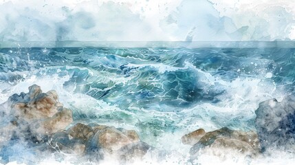 Poster - A watercolor painting depicting a rough sea with waves crashing against rocks in the foreground. The water is a vibrant blue, with white foam and spray. The sky is a soft blue, with a few clouds in th