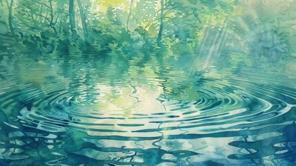 Wall Mural - A watercolor painting depicting a serene forest pond. Sunlight streams through the trees, illuminating the water's surface. Ripples spread outward from a central point, creating a sense of tranquility