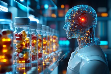 Wall Mural - AI Driven Robot Observing Rows of Vials in High Tech Laboratory Reflecting the Role of Automation and Robotics in Modern Pharmaceutical Research and Development