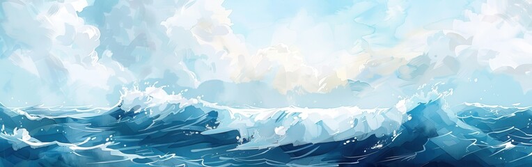 Poster - A watercolor painting depicting a vast blue ocean with white-capped waves and a cloudy sky above. The painting uses a light, airy style, and the colors are soft and muted.