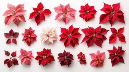 Poster - A stunning collection of poinsettia flowers showcases vibrant red and pink hues, elegantly arranged on a neutral surface, perfect for holiday decor