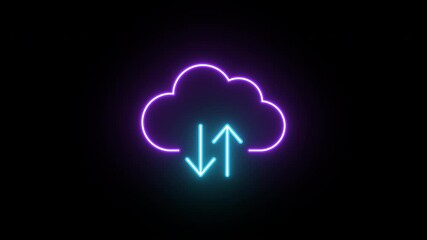 Poster - Neon digital cloud icon, data transfer animation. Glowing neon cloud storage with arrows, looped animation. Cloud space and technology, data backup, file repository, datacenter. Violet, blue colors