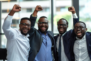 Businessmen cheering after a successful deal