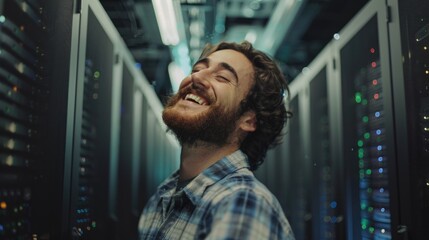 Poster - A man smiles while working in a server room with rows of equipment and computer racks