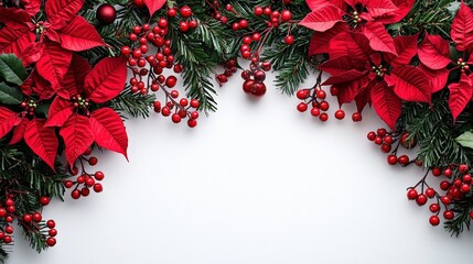 Poster - Bright red poinsettias and berries create a festive border perfect for holiday themes and decorations