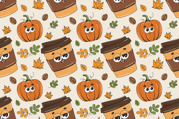 Wall Mural - Autumn seamless pattern with coffee cup and pumpkin in trendy groovy style. Retro thanksgiving pattern background. Fall vibe 70s-80s vintage style