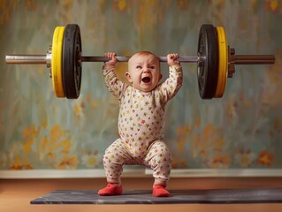 charming baby displays strength lifting heavy barbell in delightful, humorous photography shot