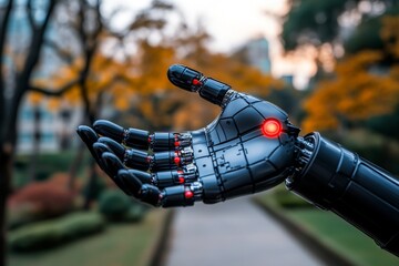 Sticker - Robotic Hand with Red LED Light in a Garden Setting Representing the Integration of AI Technology in Natural Environments