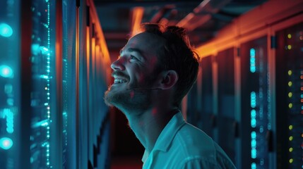 Poster - Man standing in a server room looking up at the equipment