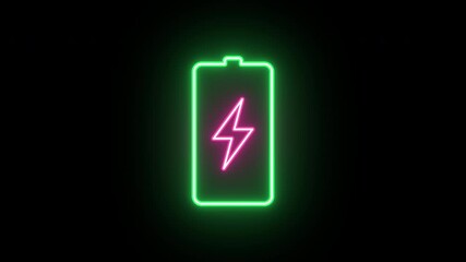 Poster - Neon electric battery icon, color shift animation. Glowing neon battery sign, looped color animation. Electric energy, charge station, battery with lightning, accumulator. Pink, green color