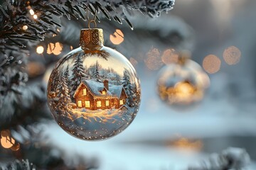 Wall Mural - The ornament captures a cozy cabin surrounded by snow, with warm lights shining through the windows, creating a festive holiday atmosphere