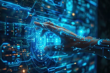 Leinwandbilder - A hand reaches out to engage with a glowing, high-tech display filled with intricate blue circuits and data patterns