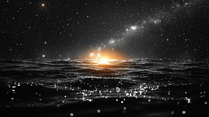 Canvas Print - The horizon glows orange as the sun sets over dark waters, sparkling with reflections under a vast, star-filled universe