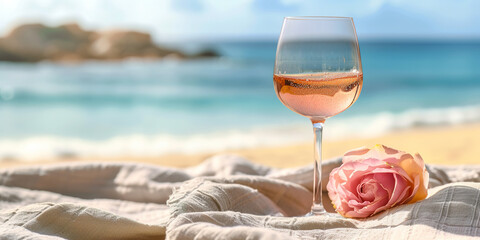 A Glass of Rose Wine and a Pink Rose on a Beach Blanket.