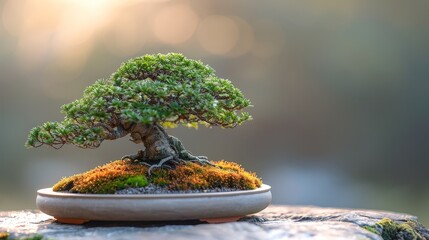 Wall Mural - A Bonsai featuring the delicate foliage, highlighted on a plain backdrop