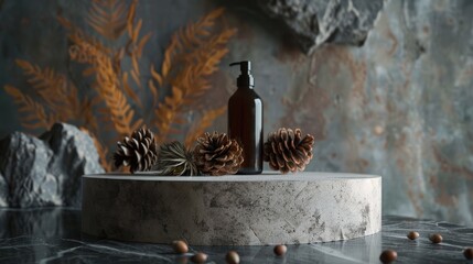 Sticker - Concrete podium adorned with pine cones for showcasing natural self-care products or forest-sourced foods.