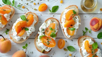 Poster - A breakfast table set with sliced bread, melted cheese, and fresh fruit