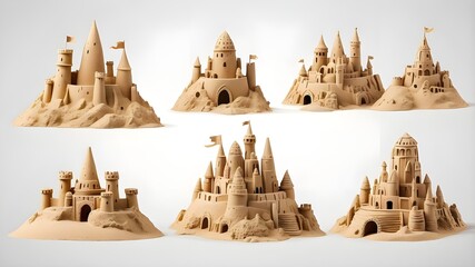 Collection of three sand castles isolated on a transparent background