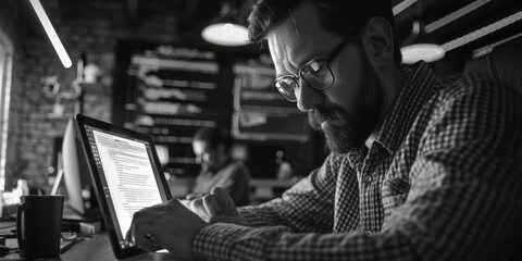Aufkleber - A person sitting at a desk using a laptop computer, suitable for office or work-related concepts