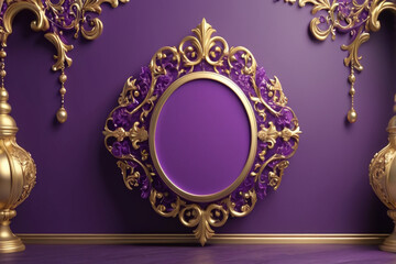 Bright purple banner with luxurious gold ornaments and large empty place for text and logo, AI Generated