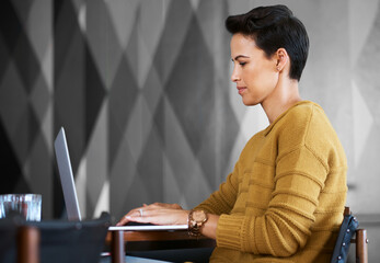 Poster - Woman, laptop and creative copywriter in office, market research and assignment for internship. Female person, employee and workplace for website information, profile and online marketing agency