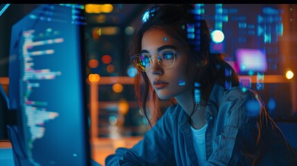 Aufkleber - A woman is sitting in front of a computer monitor with a blurry background
