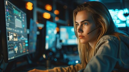 Aufkleber - A woman is sitting in front of a computer monitor with a headset on