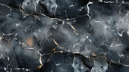 Poster - A close-up view of a smooth, polished black marble surface with intricate white and gold veining running throughout. The veining creates a mesmerizing pattern, adding texture and depth to the dark bac