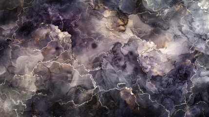 Poster - A close-up abstract image of swirling purple and gold marble with white veins. The image creates a dynamic, textured background with a luxurious feel.