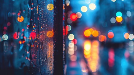 Poster - A close-up view of raindrops on a window pane, with blurred, colorful lights from the city streets in the background. The bokeh effect of the city lights creates a romantic and dreamy atmosphere.