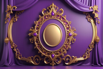 Bright purple banner with luxurious gold ornaments and large empty place for text and logo, AI Generated