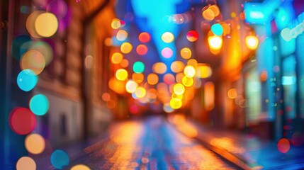 Poster - A nighttime view of a city street, illuminated with colorful string lights, creating a beautiful bokeh effect. The lights reflect off the wet pavement, adding to the festive ambiance.