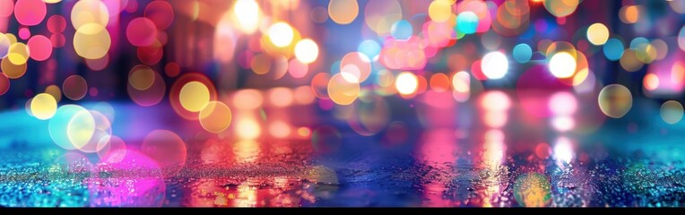 Poster - A view of a city street at night, with bright, colorful bokeh lights reflecting on a wet pavement. The lights are out of focus, creating a beautiful abstract pattern. The colors are vibrant and the im