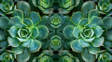 A close-up view of succulents arranged symmetrically in a garden. The image is a close-up shot, showing the details of the succulent leaves and their intricate patterns. The succulent leaves are a vib