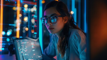 A woman wearing glasses is sitting at a desk and looking at a computer screen