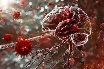 Poster - Anatomy illustration of the human brain with blood vessels, useful for educational and medical purposes