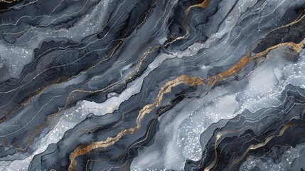 Poster - The image shows an abstract pattern of black, white, and gold colors, resembling marble. The intricate veins of gold shimmer against the backdrop of swirling black and white shades. The overall effect