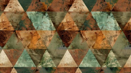 Aufkleber - An abstract artwork with a repeating pattern of triangles in shades of green, brown, and orange. The triangles appear to be made of various textures, such as wood and stone. The artwork has a vintage 