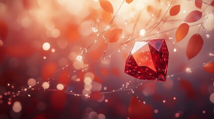 Poster - a beautifully crafted red gemstone suspended among sparkling autumn leaves and gentle bokeh lighting