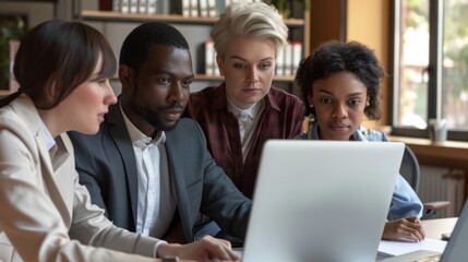 Poster - A group of people are looking at a laptop together
