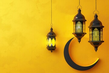 Poster - A pair of lanterns hung on a bright yellow wall, perfect for decorative or atmospheric use
