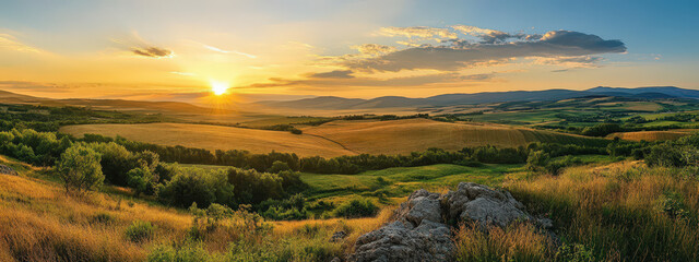 Wall Mural - a beautiful sunset over a field with a large rock in the foreground